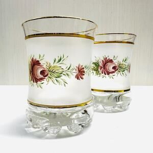 Pair Vintage Interpur Roses Italian Drinking Glass Tumbler Satin Drinkware